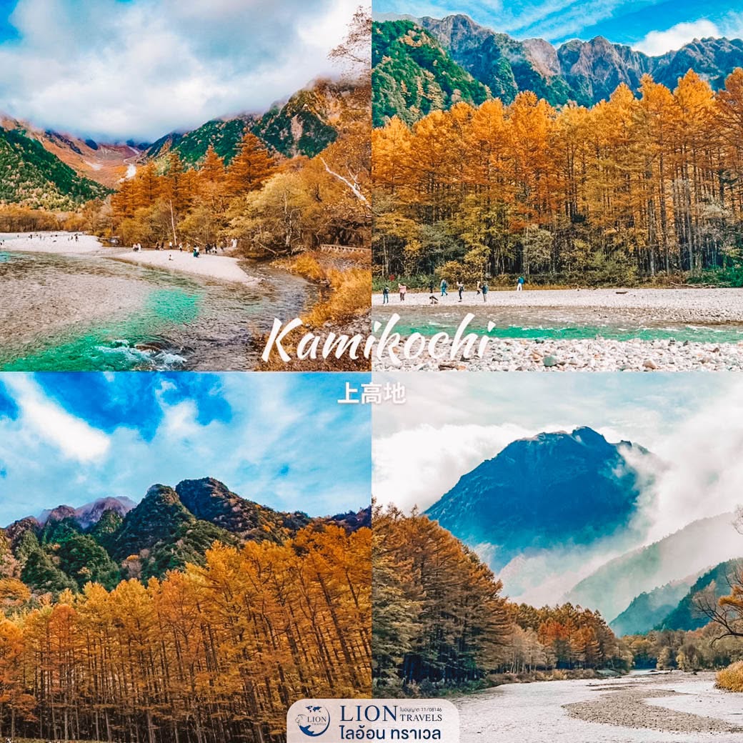 ทัศนียภาพอันงดงามของคามิโคจิในฤดูใบไม้ร่วง มีฉากหลังเป็นเทือกเขาแอลป์ญี่ปุ่น