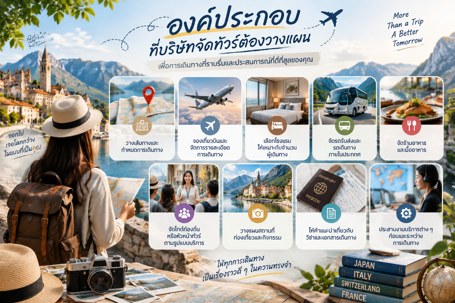 องค์ประกอบที่บริษัทจัดทัวร์ต้องวางแผน องค์ประกอบการจัดทัวร์ต่างประเทศ เส้นทาง ที่พัก และกิจกรรม