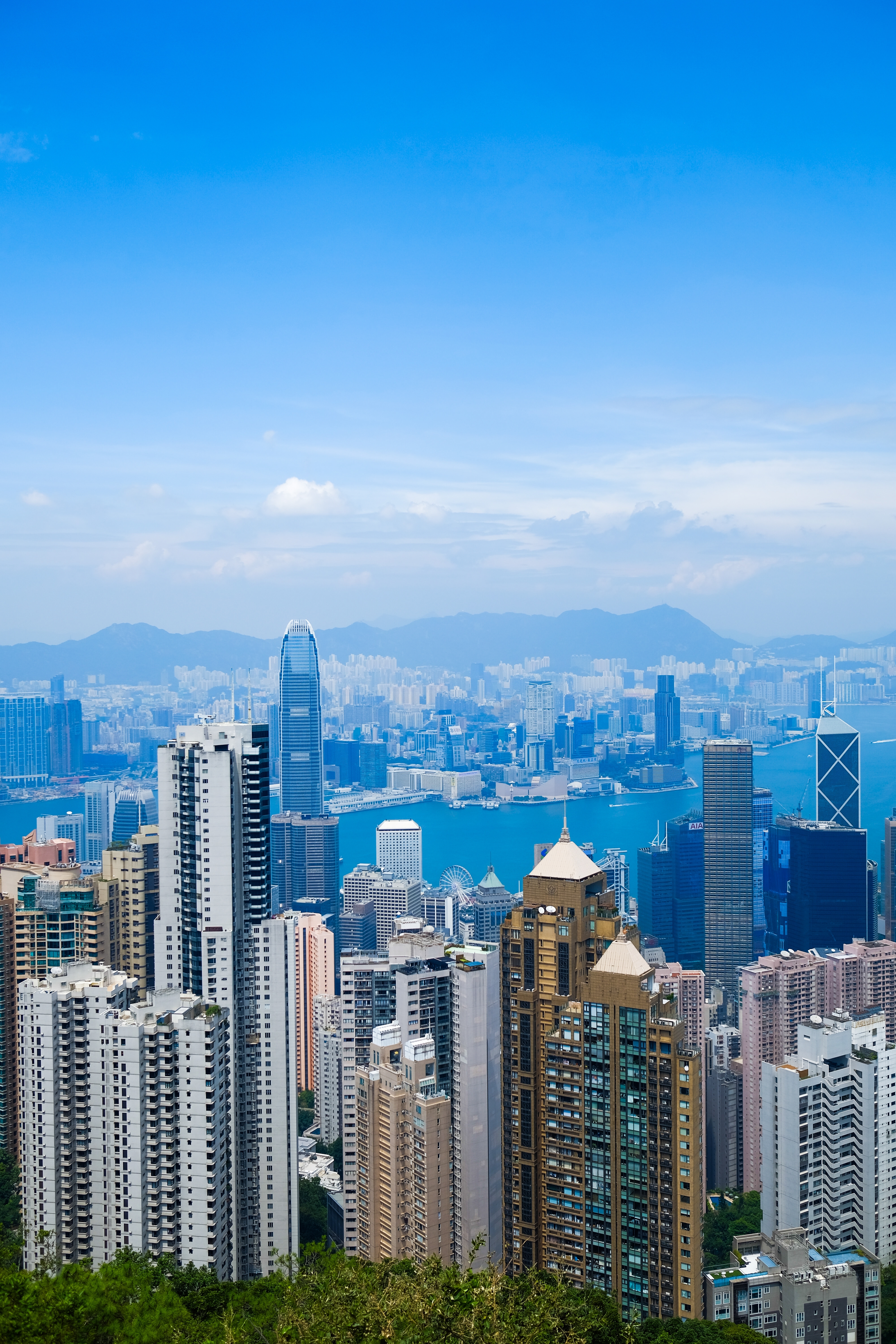 skyline ฮ่องกงจาก Victoria Peak เห็นตึกสูงเรียงรายและวิวทะเลแบบพาโนรามา