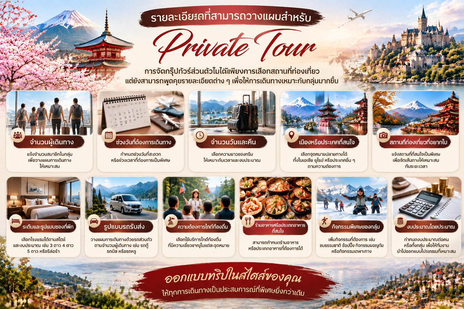 รายการรายละเอียดที่สามารถออกแบบได้ในการจัดทัวร์ส่วนตัว